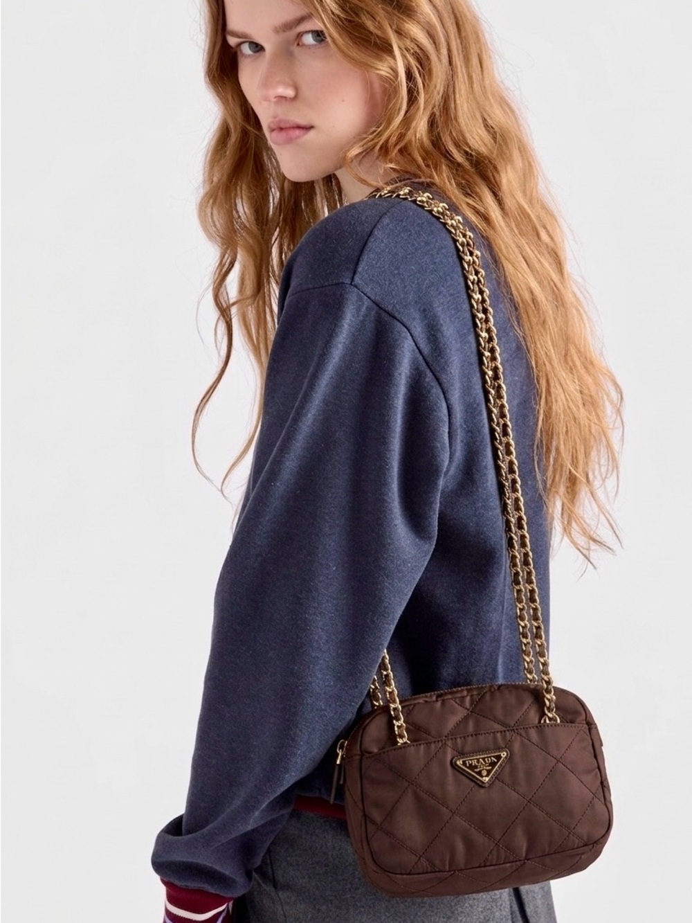 PRADA Gold Chain Quilted Chocolate Brown Nylon Shoulder Bag